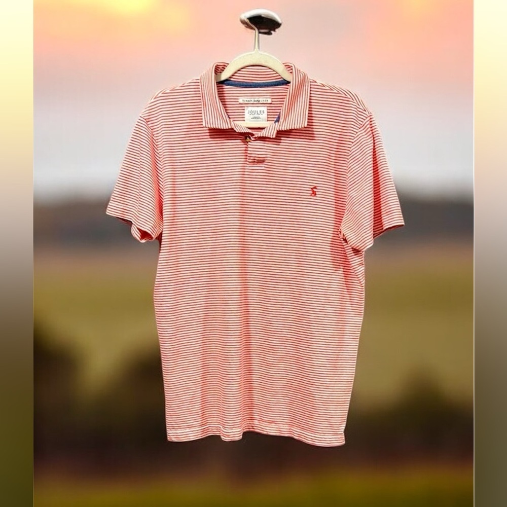 Joules coral and white striped  linen blend  golf tennis pickleball polo Large